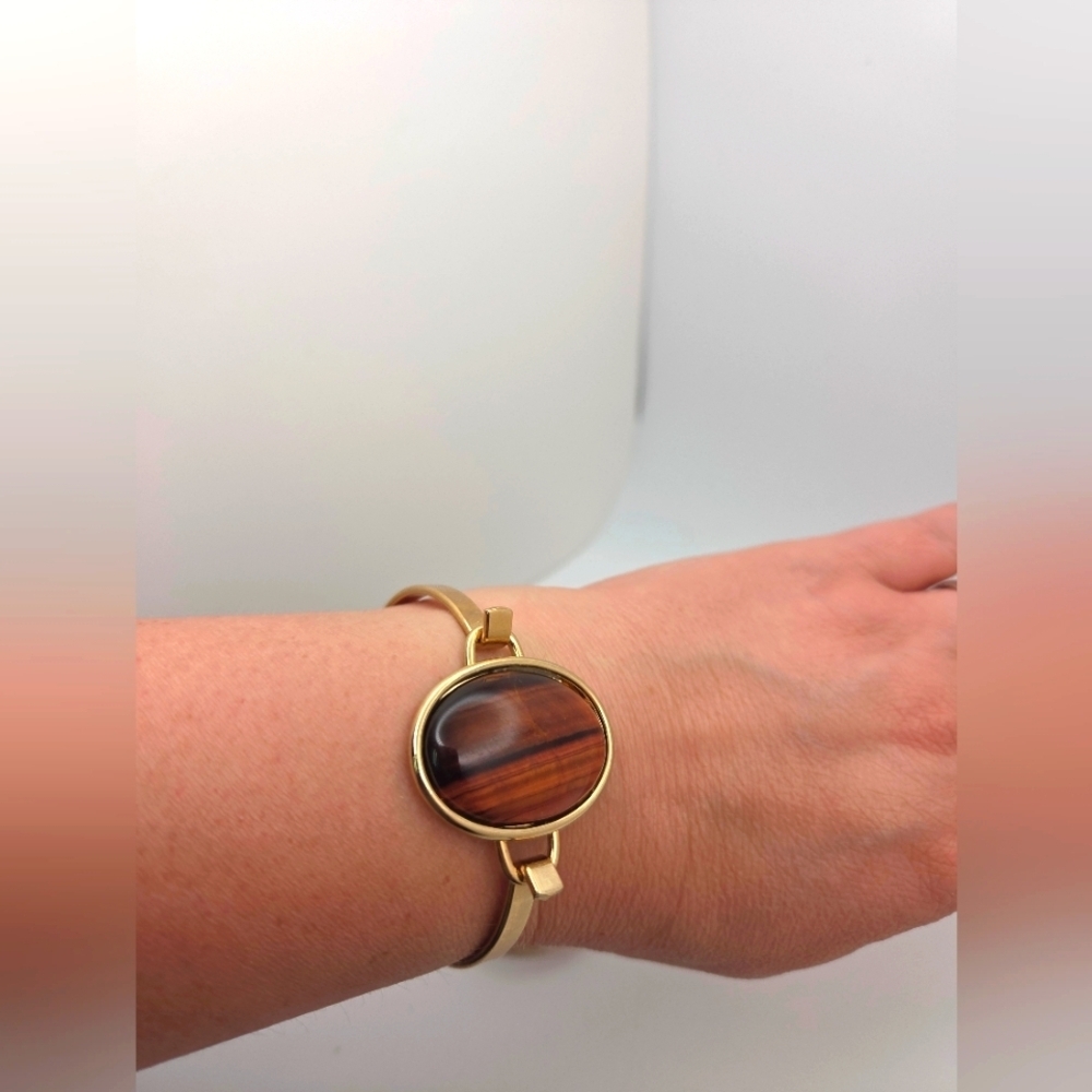 Gold and Brown Glass Stone Contemporary Bracelet with Minimalist Design